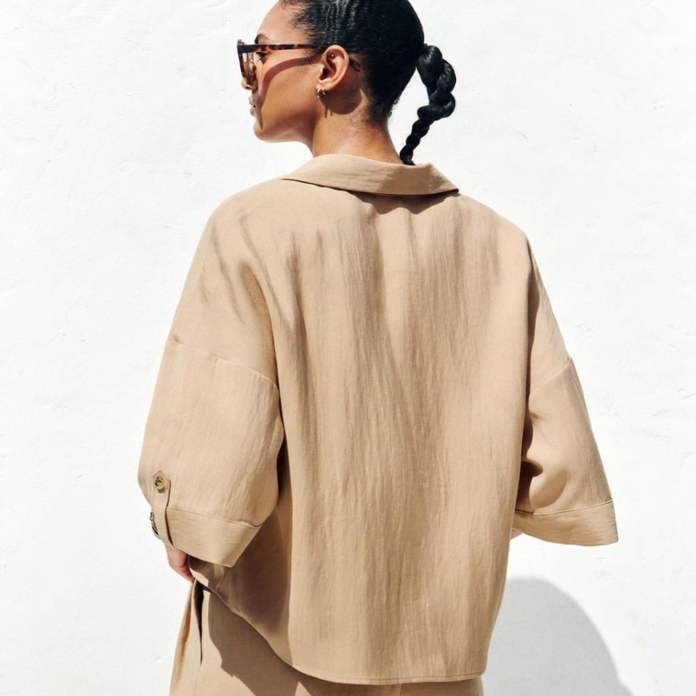 NWT Zara Collared Button-Front Boxy Collared Shirt In Tan - S - Picture 4 of 8